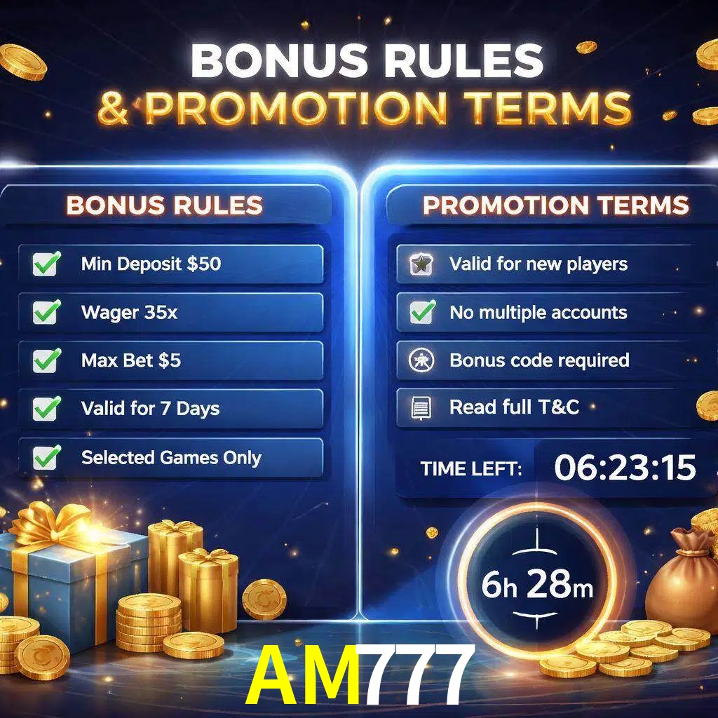 Reglas de promoción AM777 y condiciones de bonos explicadas visualmente