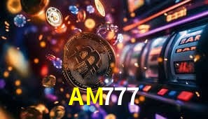Una escena digital vívida inspirada en casino con AM777 mostrado prominentemente, luces brillantes, fichas, cartas y acentos dorados.