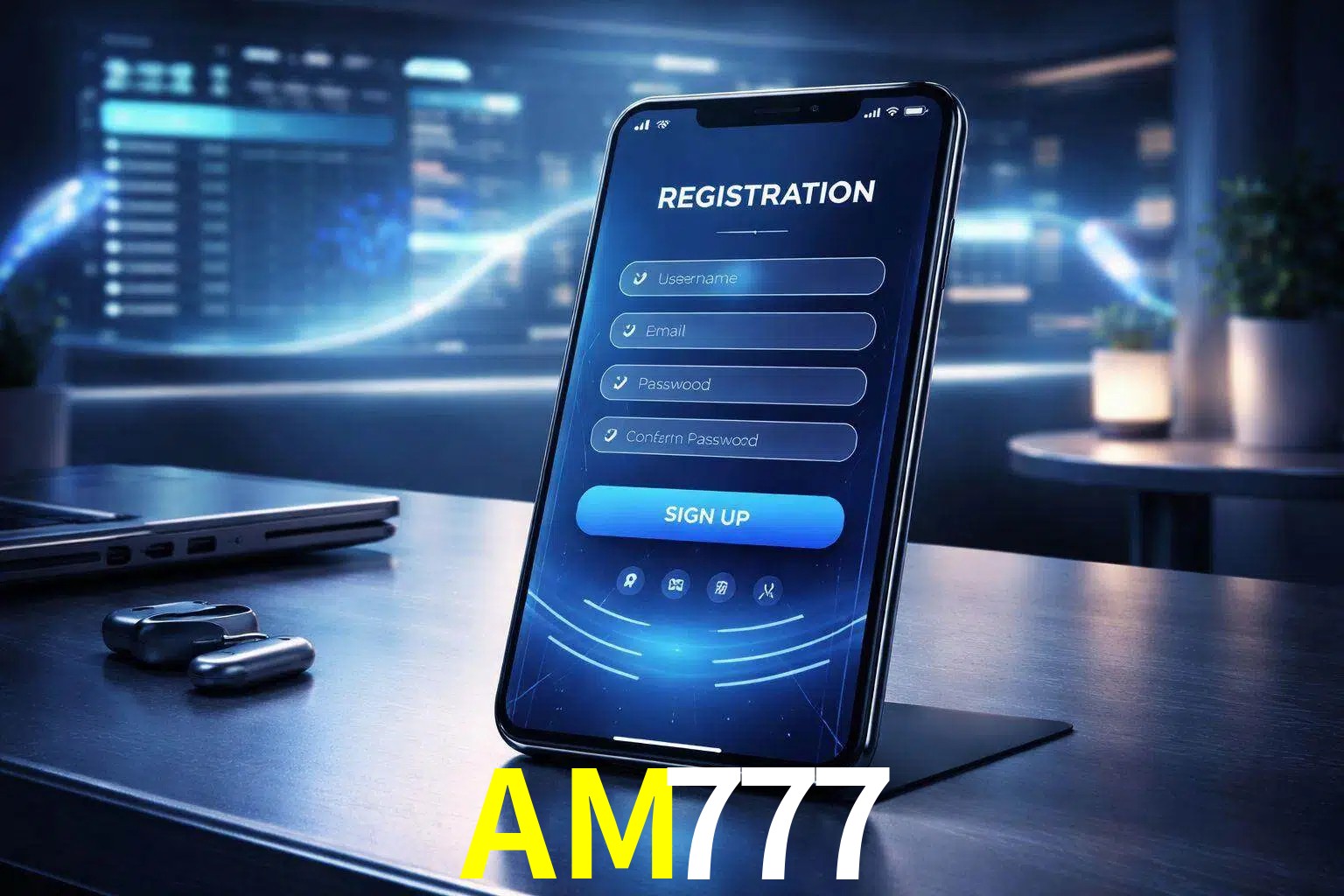 Una interfaz moderna de registro móvil para AM777 mostrada en un smartphone con un panel de apuestas elegante.